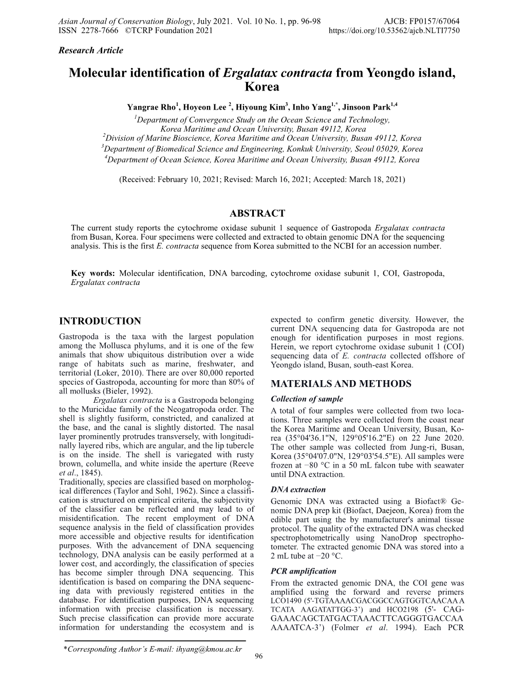 Molecular Identification of Ergalatax Contracta from Yeongdo Island, Korea