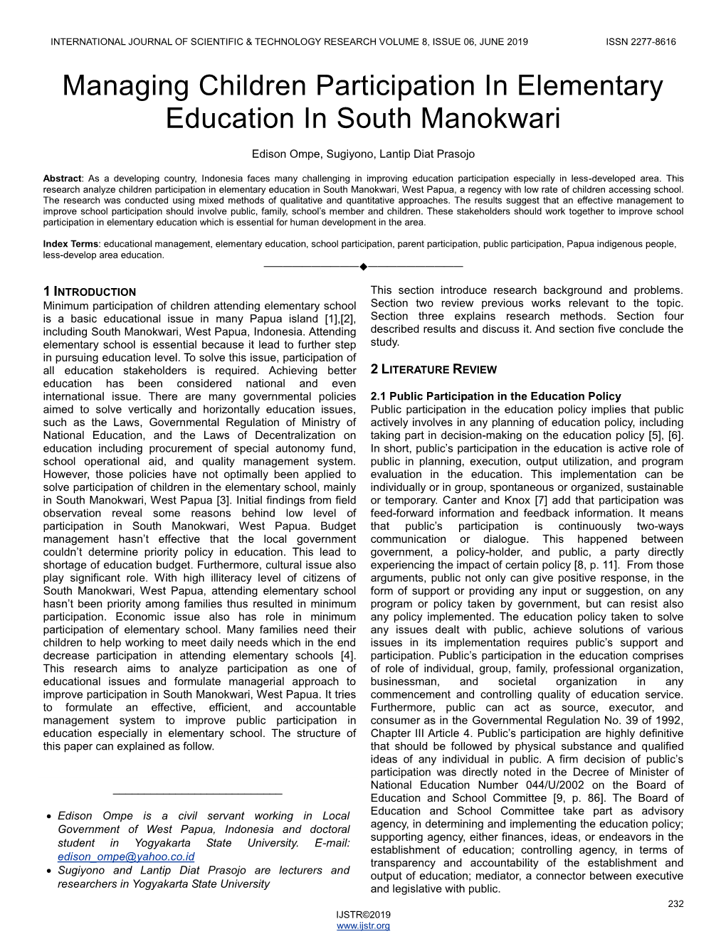 Managing Children Participation in Elementary Education in South Manokwari