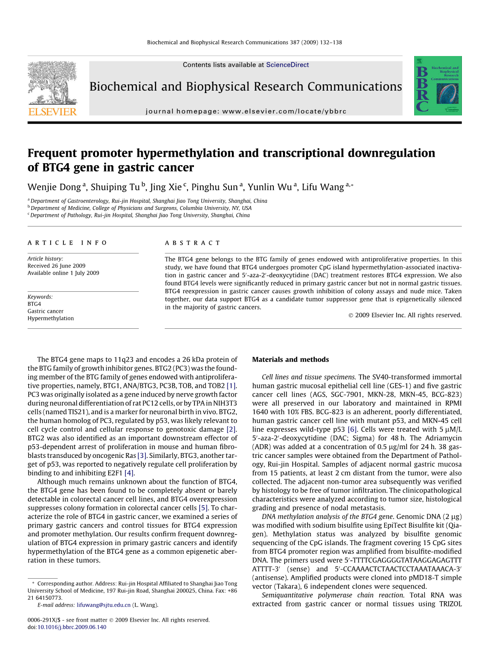 Frequent Promoter Hypermethylation and Transcriptional Downregulation of BTG4 Gene in Gastric Cancer