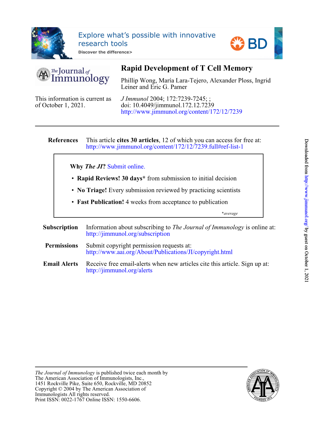 Rapid Development of T Cell Memory Phillip Wong, María Lara-Tejero, Alexander Ploss, Ingrid Leiner and Eric G