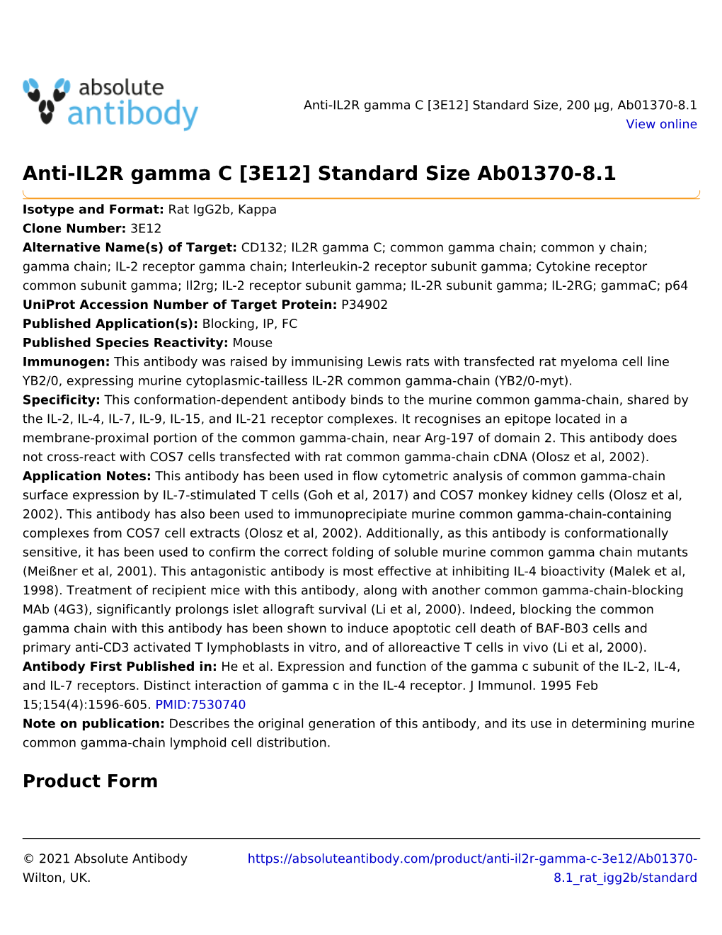 Anti-IL2R Gamma C [3E12] Standard Size Ab01370-8.1