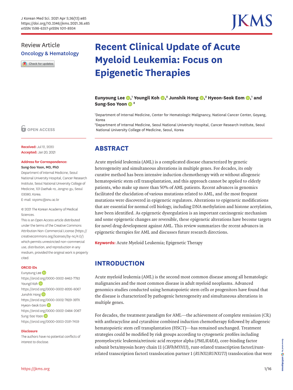 Recent Clinical Update of Acute Myeloid Leukemia