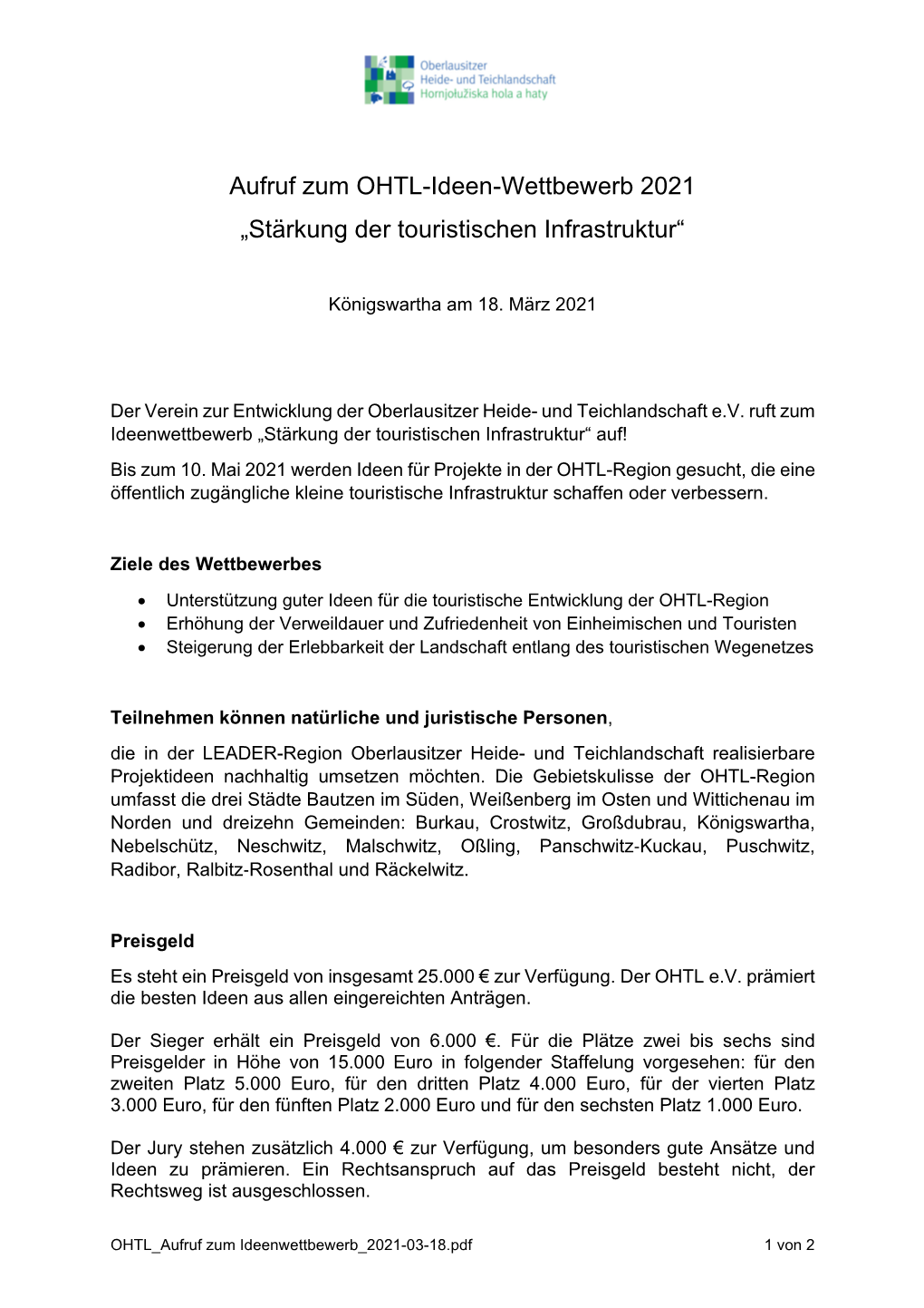 Aufruf Zum OHTL-Ideen-Wettbewerb 2021 „Stärkung Der Touristischen Infrastruktur“