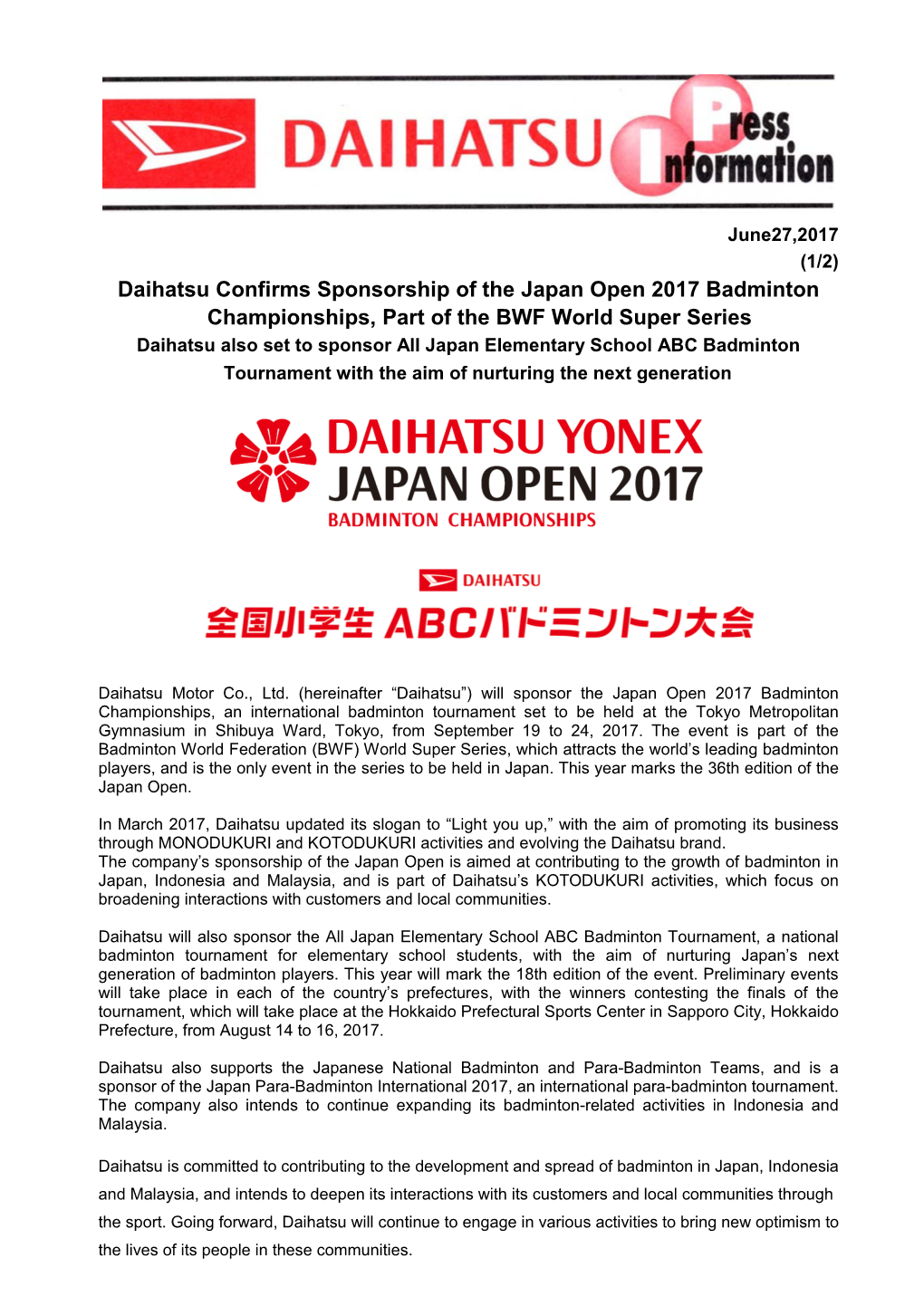 Daihatsu Confirms Sponsorship of the Japan Open 2017 Badminton