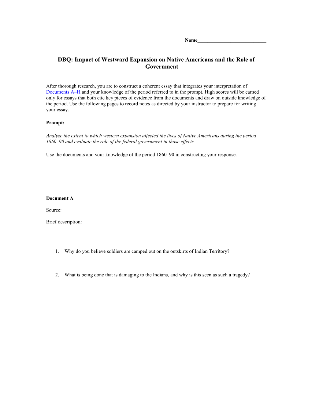 DBQ: Impact of Westward Expansion on Native Americans and the Role of Government