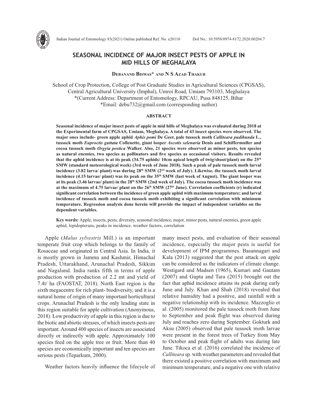 Seasonal Incidence of Major Insect Pests of Apple in Mid Hills of Meghalaya