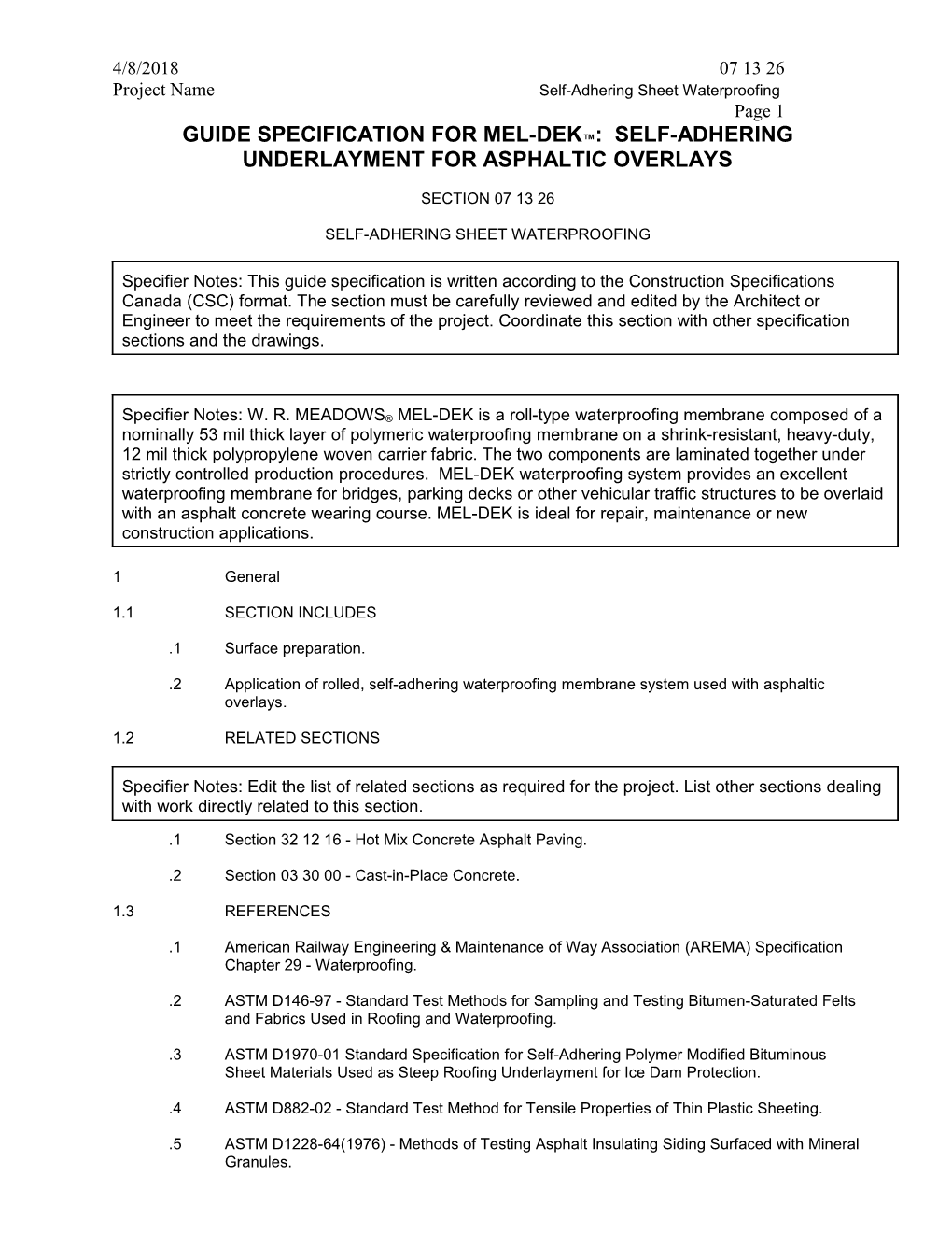 Guide Specification for Mel-Dek : Self-Adhering Underlayment for Asphaltic Overlays