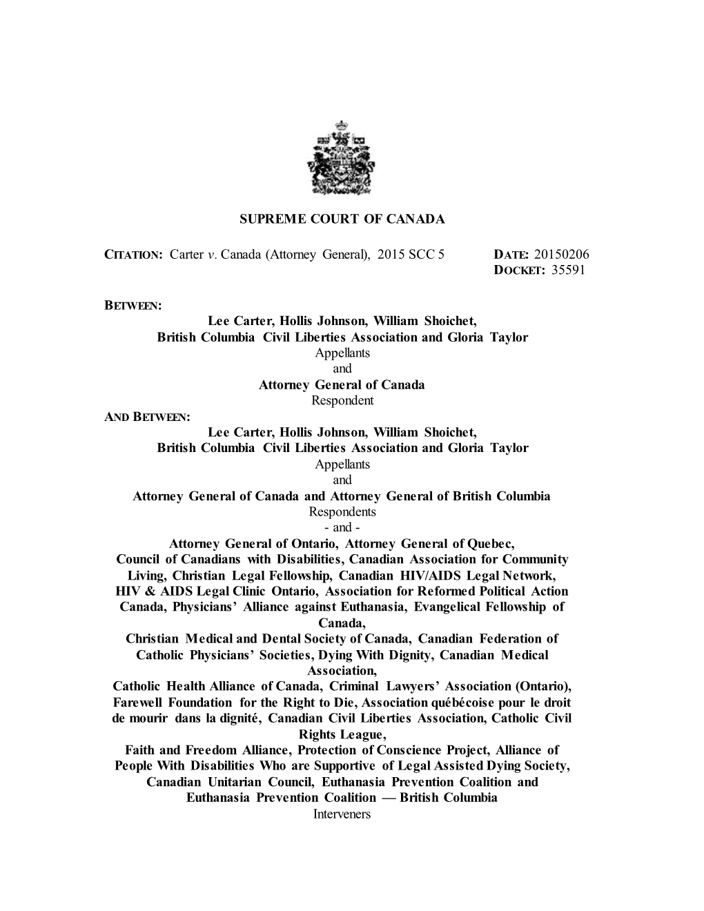 Carter V. Canada (Attorney General), 2015 SCC 5 DATE: 20150206 DOCKET: 35591