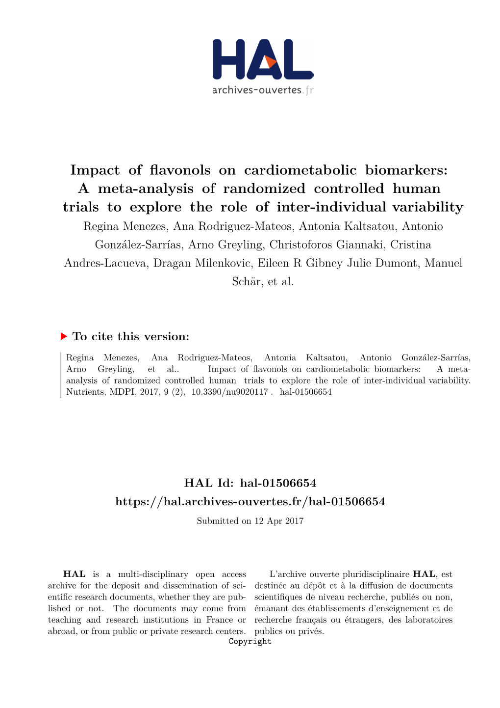 Impact of Flavonols on Cardiometabolic Biomarkers: a Meta-Analysis Of