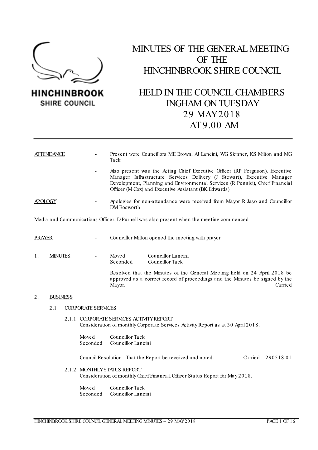 Minutes of the General Meeting of the Hinchinbrook Shire Council