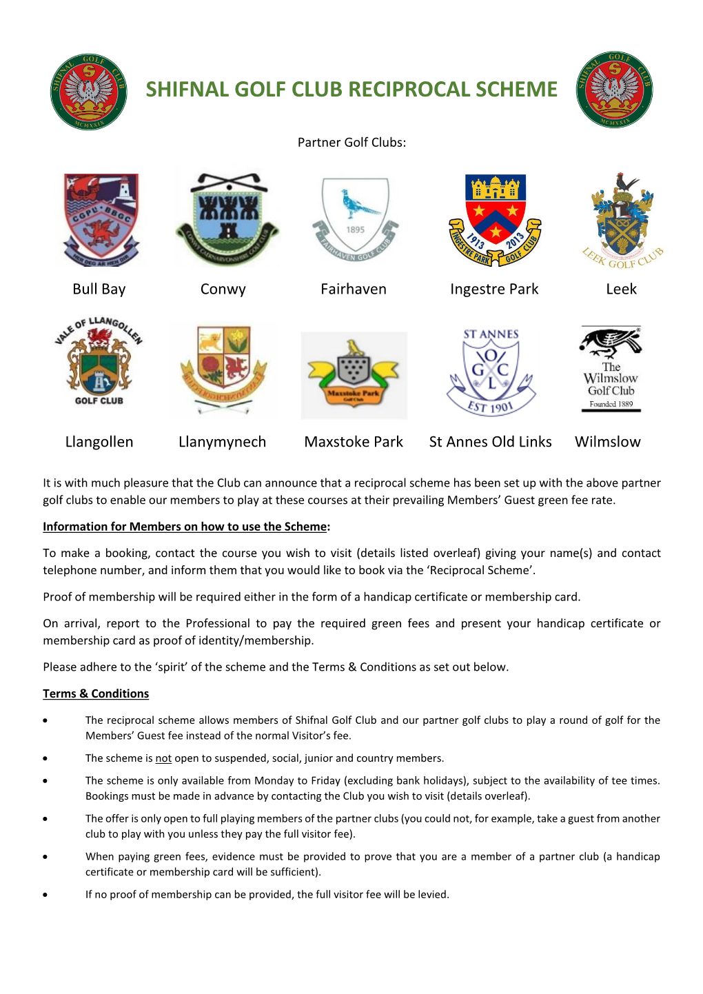 Shifnal Golf Club Reciprocal Scheme