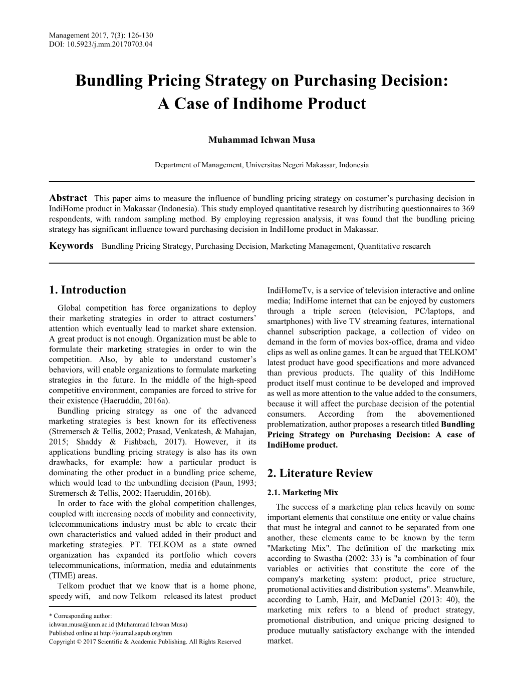 Bundling Pricing Strategy on Purchasing Decision: a Case of Indihome Product