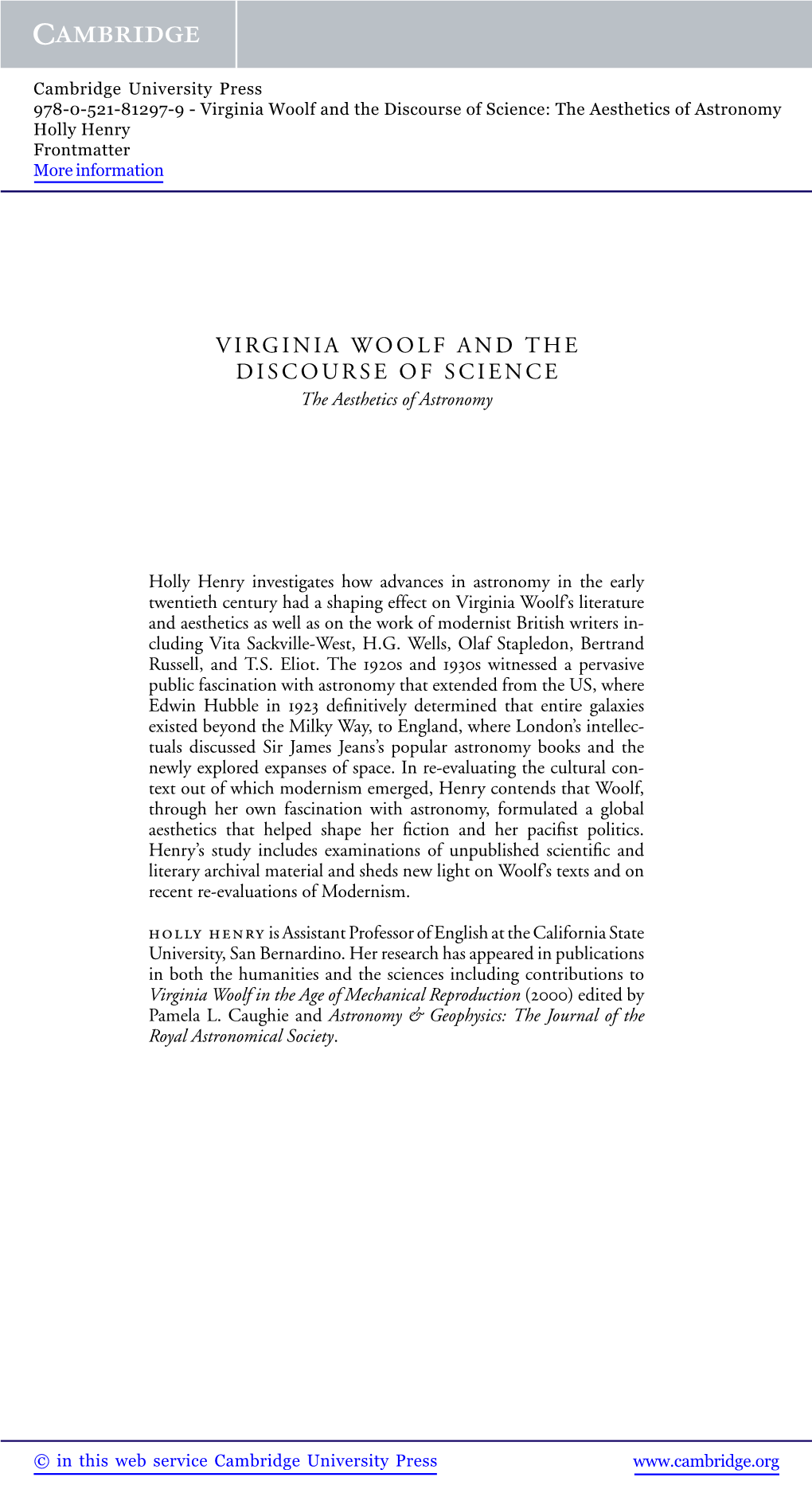 Virginia Woolf and the Discourse of Science: the Aesthetics of Astronomy Holly Henry Frontmatter More Information