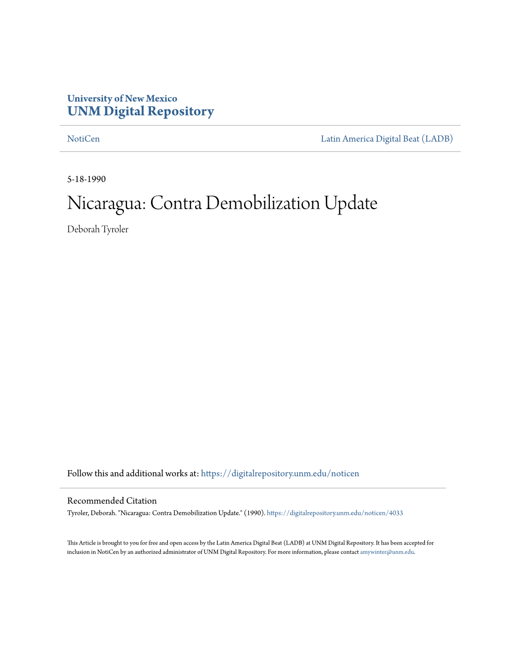 Nicaragua: Contra Demobilization Update Deborah Tyroler