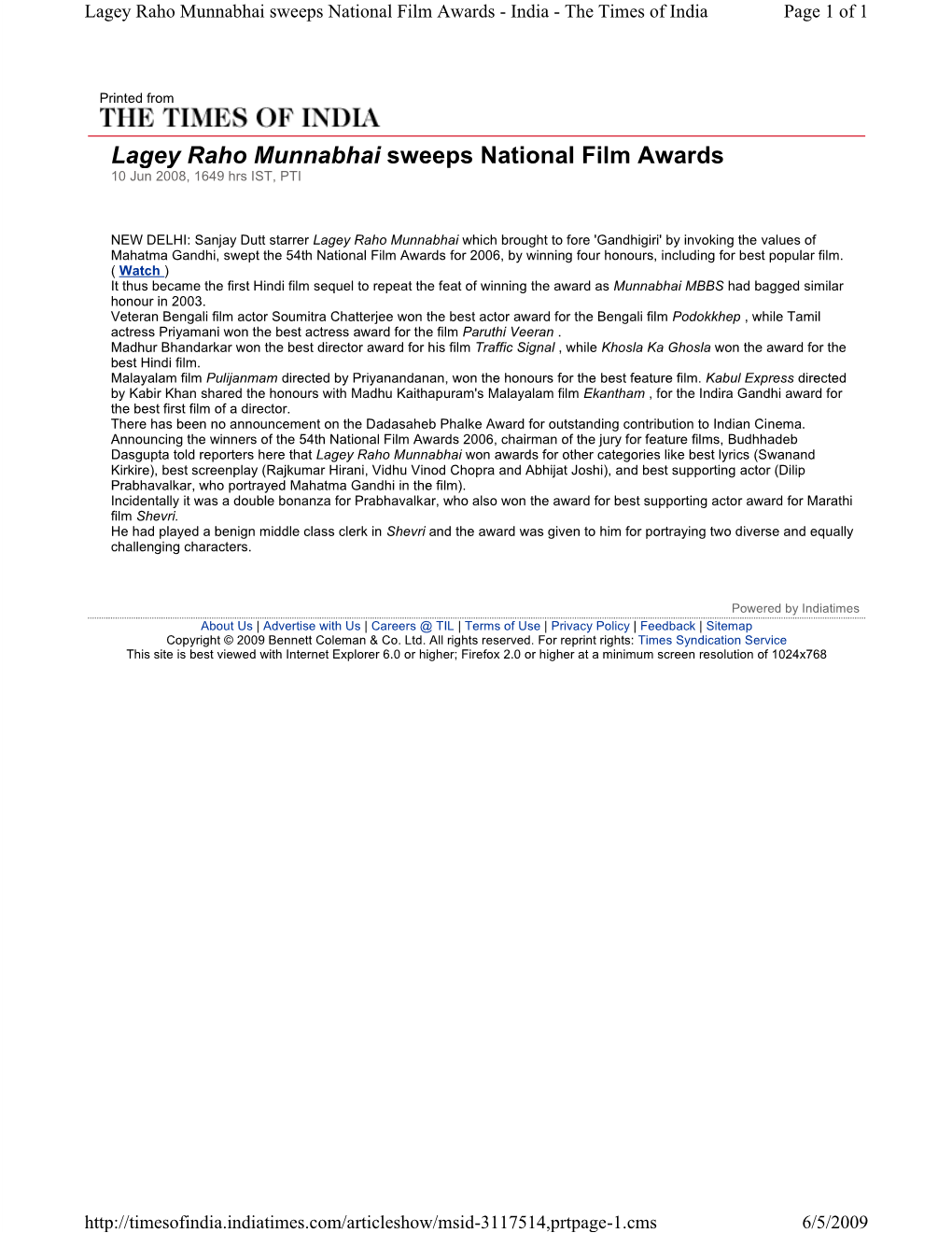 Lagey Raho Munnabhai Sweeps National Film Awards - India - the Times of India Page 1 of 1