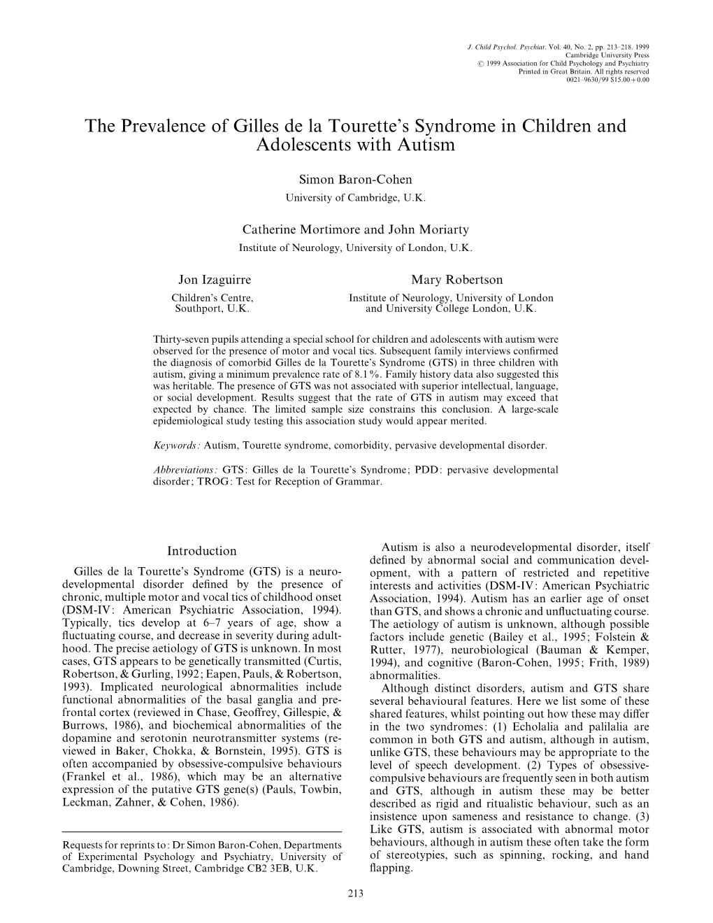 The Prevalence of Gilles De La Tourette's Syndrome in Children