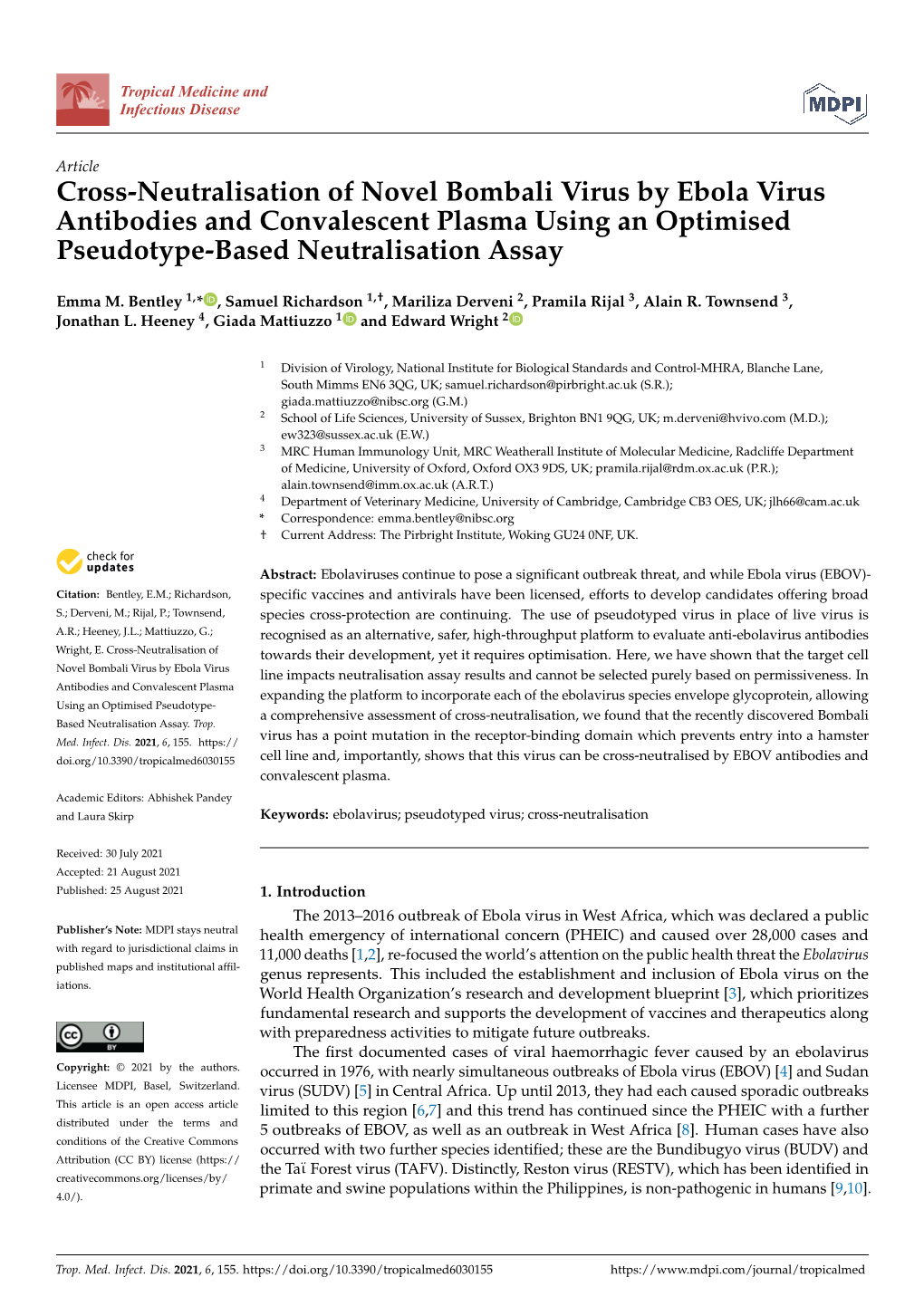 Cross-Neutralisation of Novel Bombali Virus by Ebola Virus Antibodies