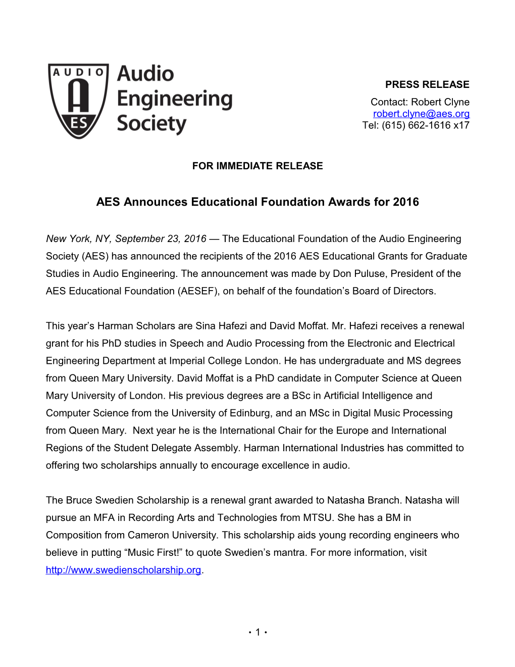 AES Announces Educational Foundation Awards for 2016