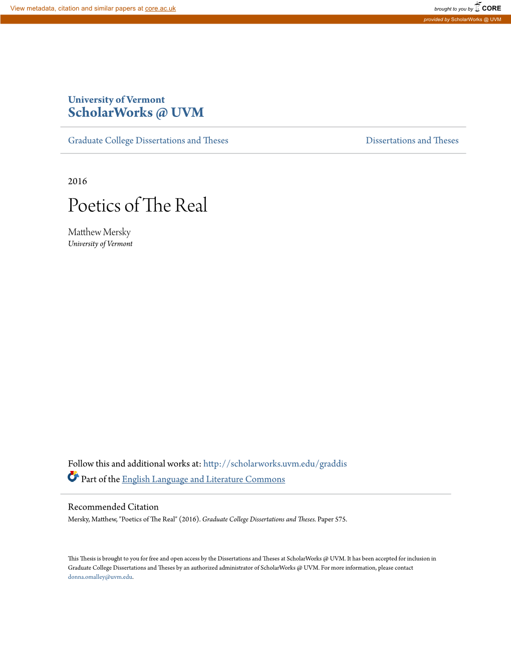 Poetics of the Real Matthew Em Rsky University of Vermont