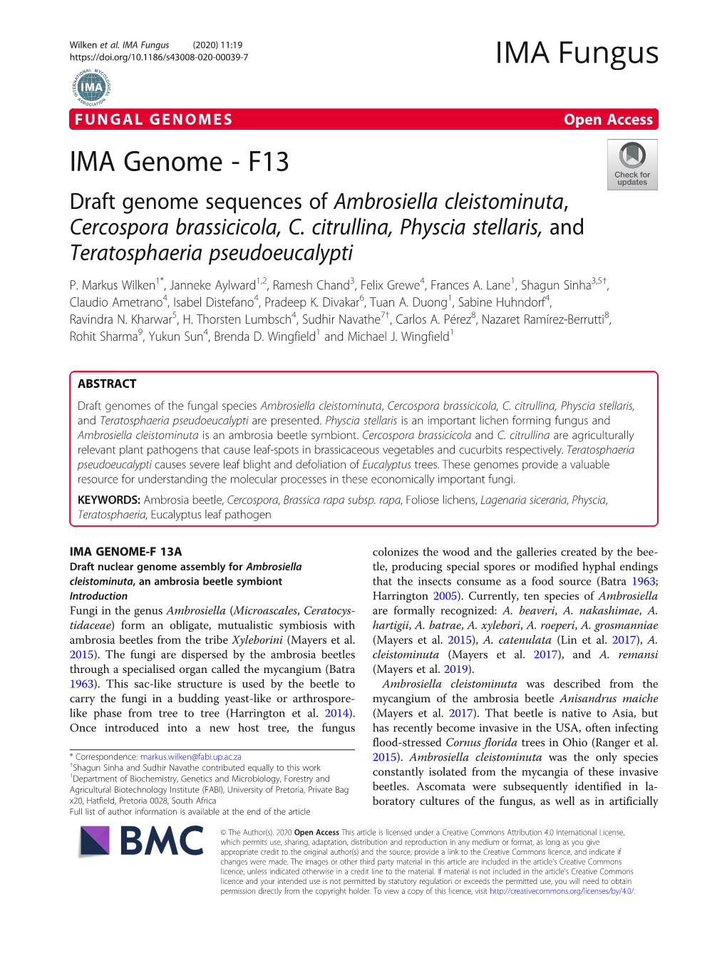 IMA Genome - F13 Draft Genome Sequences of Ambrosiella Cleistominuta, Cercospora Brassicicola, C