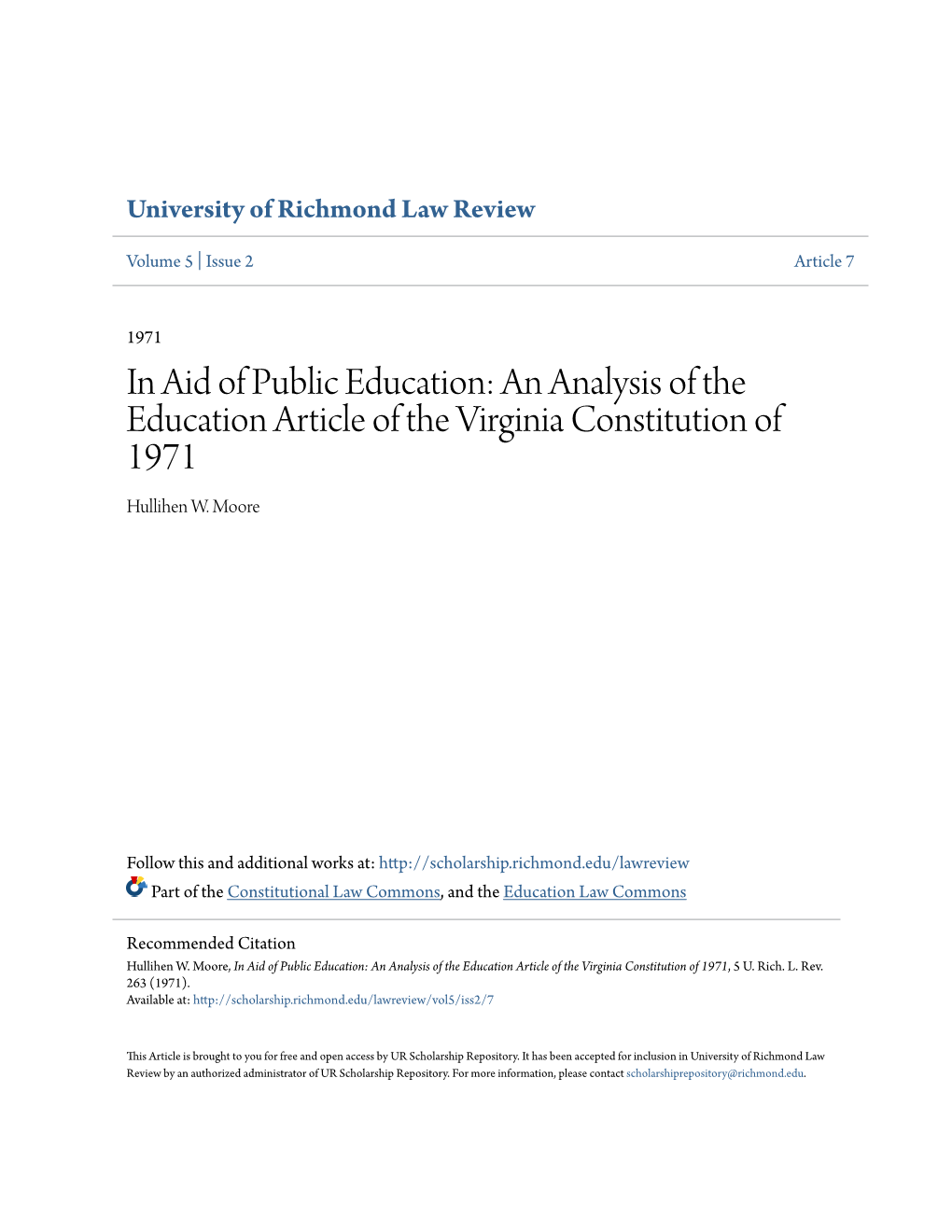 An Analysis of the Education Article of the Virginia Constitution of 1971 Hullihen W