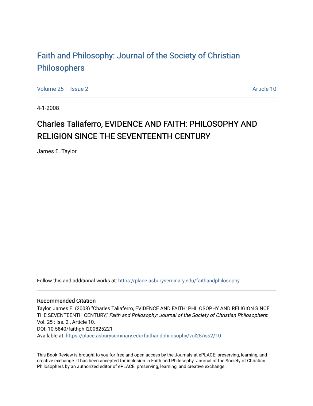 Charles Taliaferro, EVIDENCE and FAITH: PHILOSOPHY and RELIGION SINCE the SEVENTEENTH CENTURY