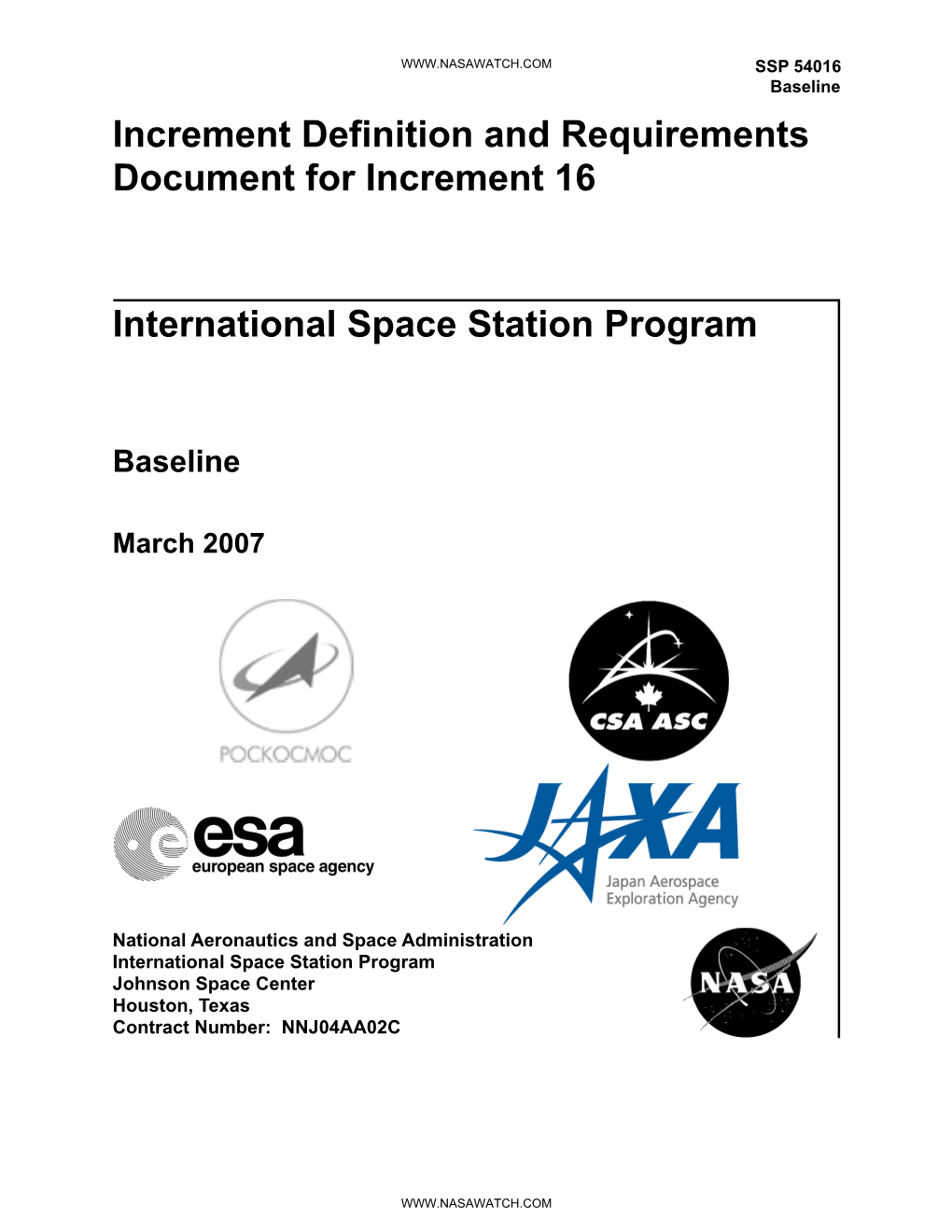 Increment Definition and Requirements Document for Increment 16 International Space Station Program