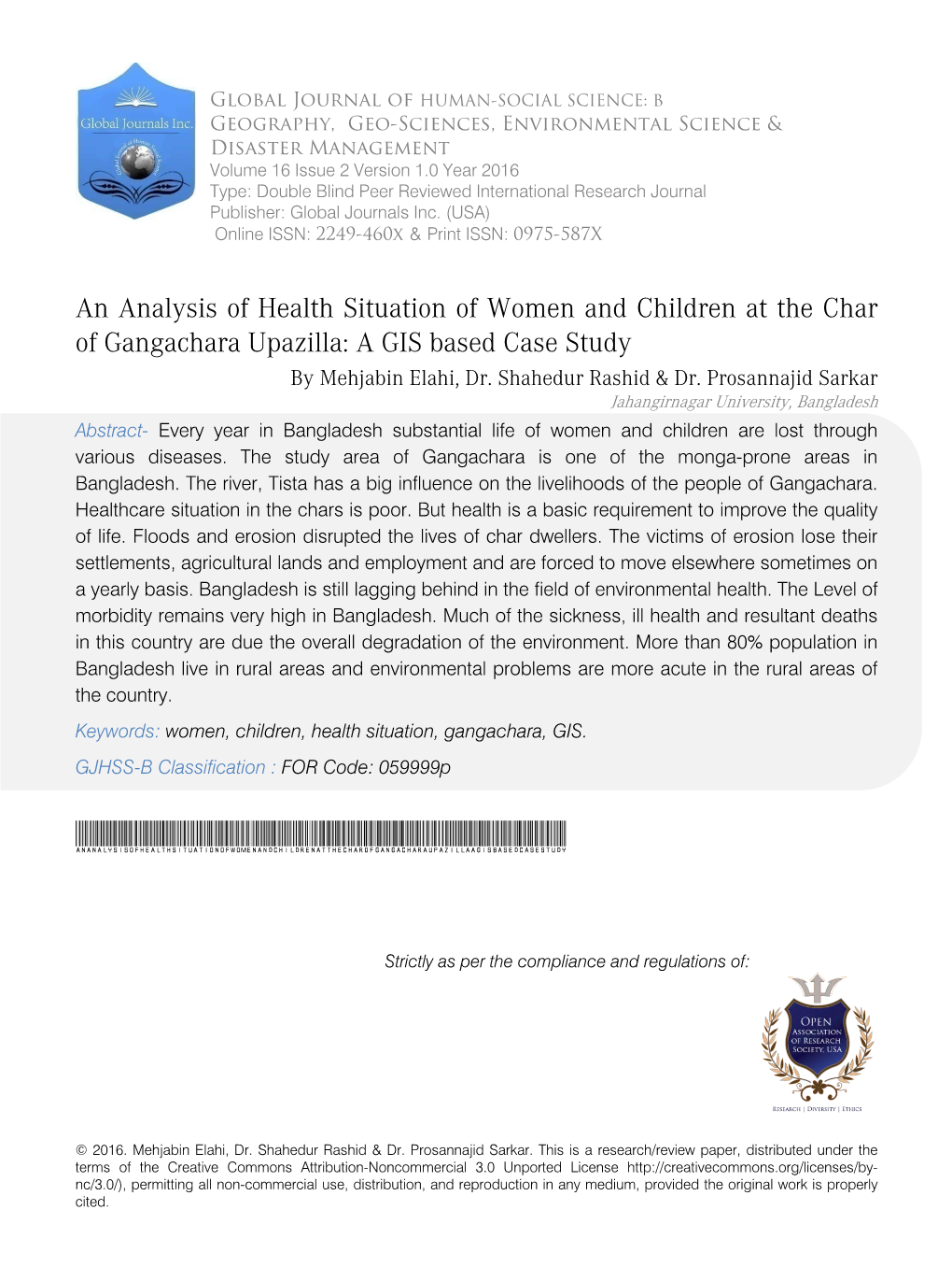 An Analysis of Health Situation of Women and Children at the Char of Gangachara Upazilla: a GIS Based Case Study by Mehjabin Elahi, Dr