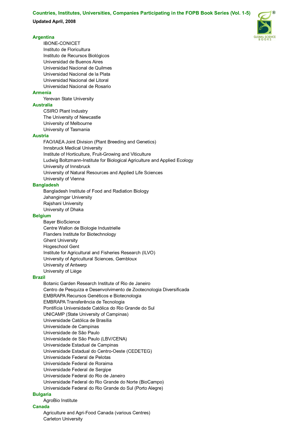 Countries, Institutes, Universities, Companies Participating in the FOPB Book Series (Vol