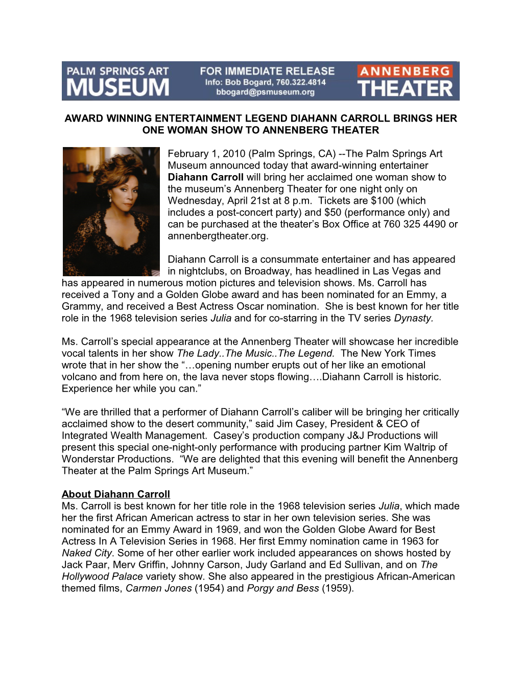 Award Winning Entertainment Legend Diahann Carroll Brings Her One Woman Show to Annenberg Theater