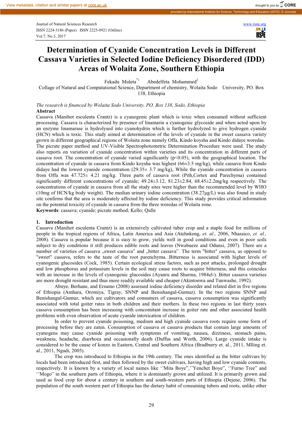 Determination of Cyanide Concentration Levels in Different Cassava Varieties in Selected Iodine Deficiency Disordered (IDD) Areas of Wolaita Zone, Southern Ethiopia