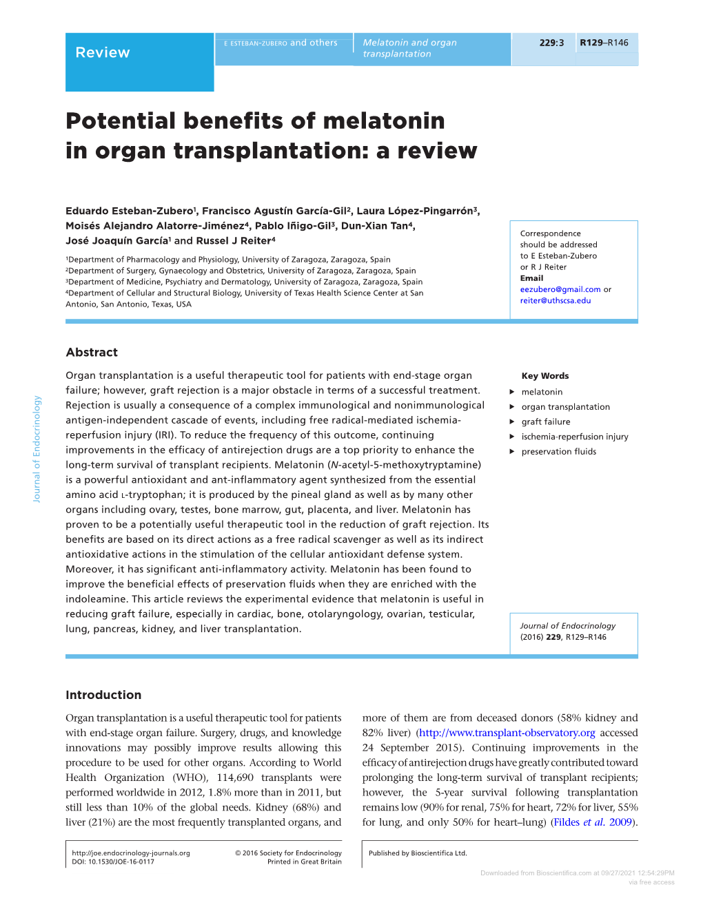 Potential Benefits of Melatonin in Organ Transplantation: a Review