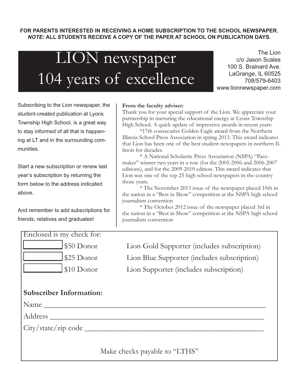 LION Newspaper 104 Years of Excellence