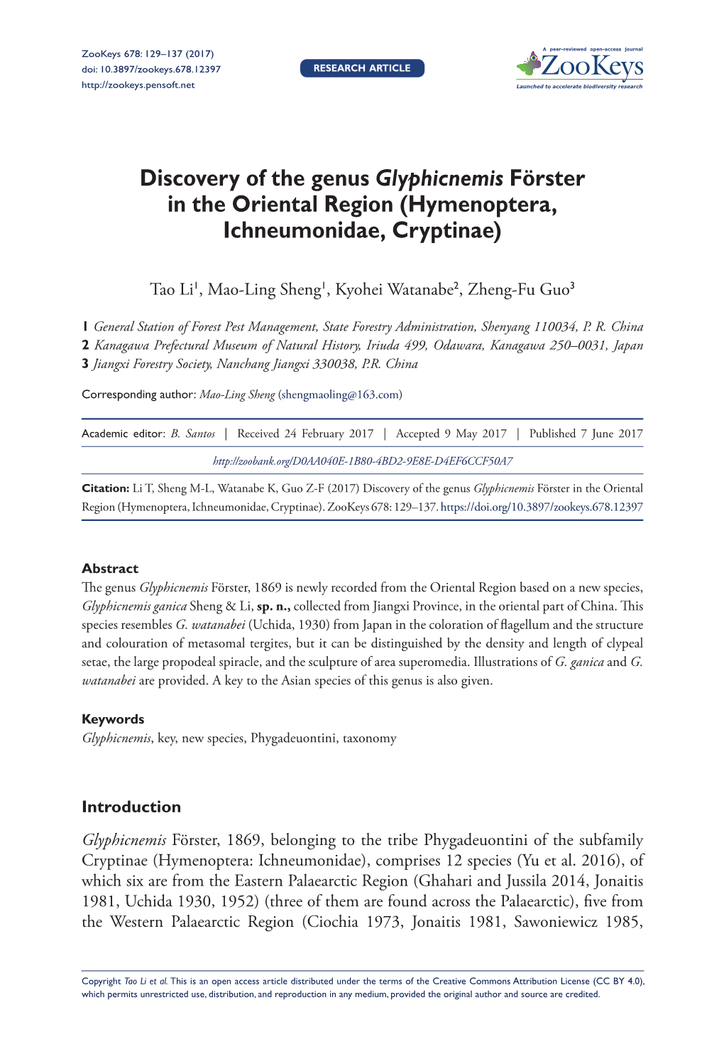 Discovery of the Genus Glyphicnemis Förster in the Oriental Region (Hymenoptera, Ichneumonidae, Cryptinae)