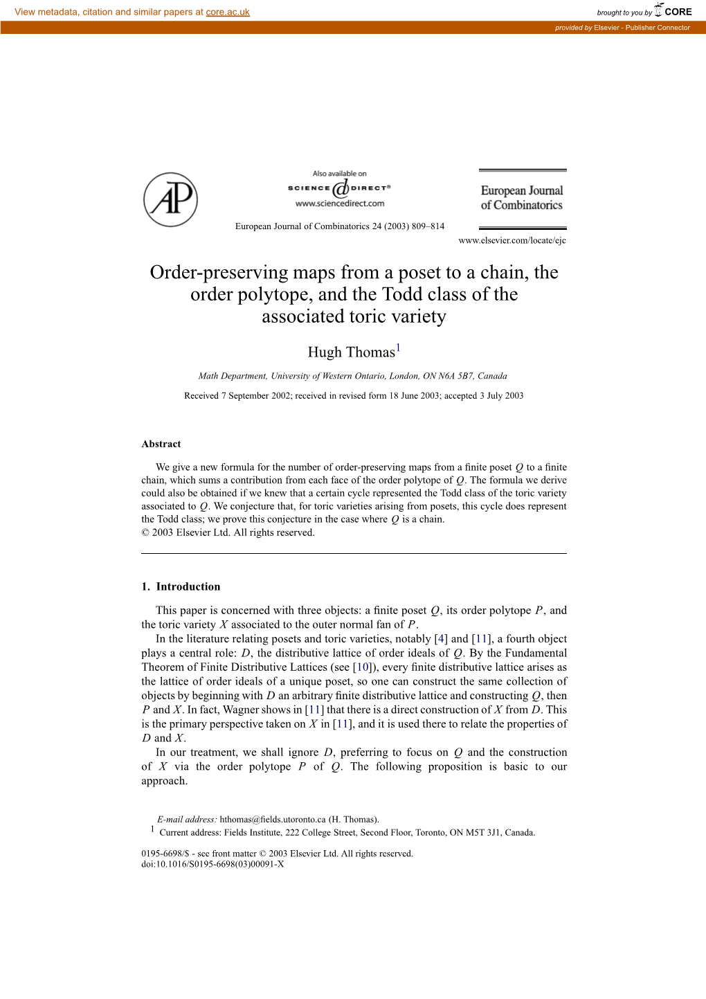 Order-Preserving Maps from a Poset to a Chain, the Order Polytope, and the Todd Class of the Associated Toric Variety