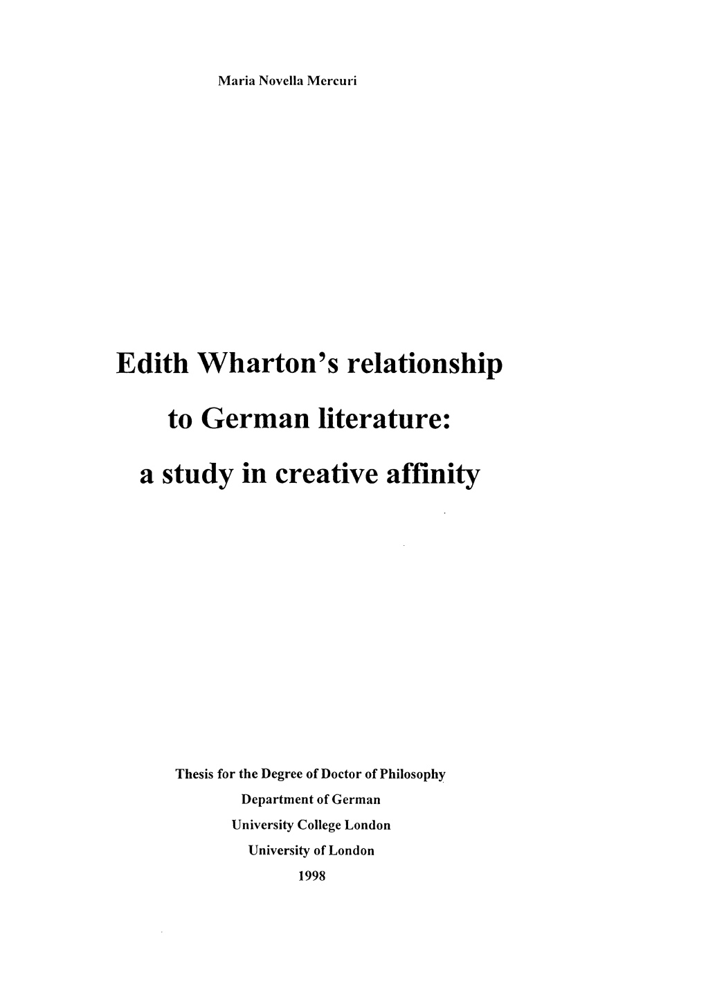 Edith Wharton's Relationship to German Literature: a Study In