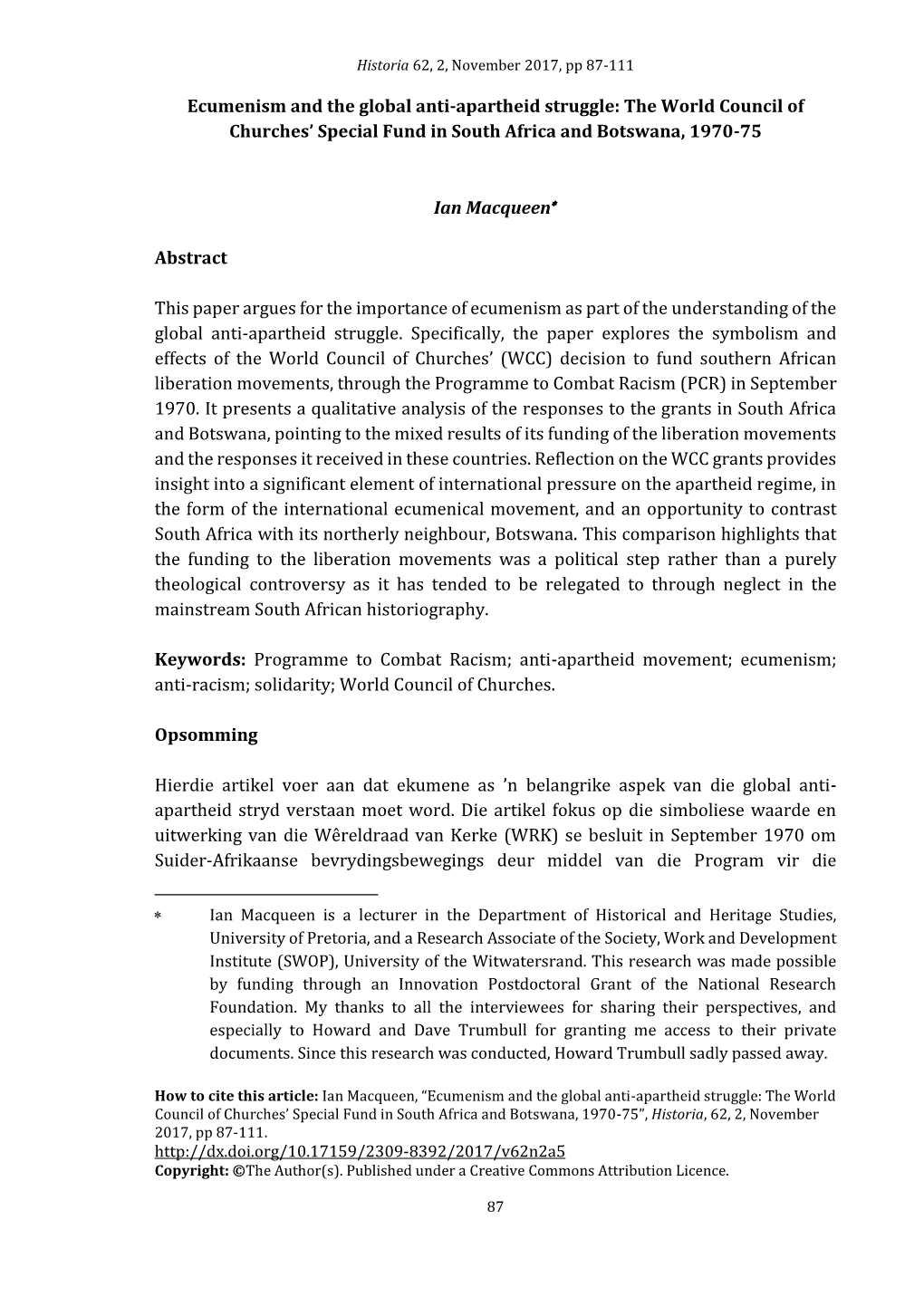 Ecumenism and the Global Anti-Apartheid Struggle: the World Council of Churches’ Special Fund in South Africa and Botswana, 1970-75