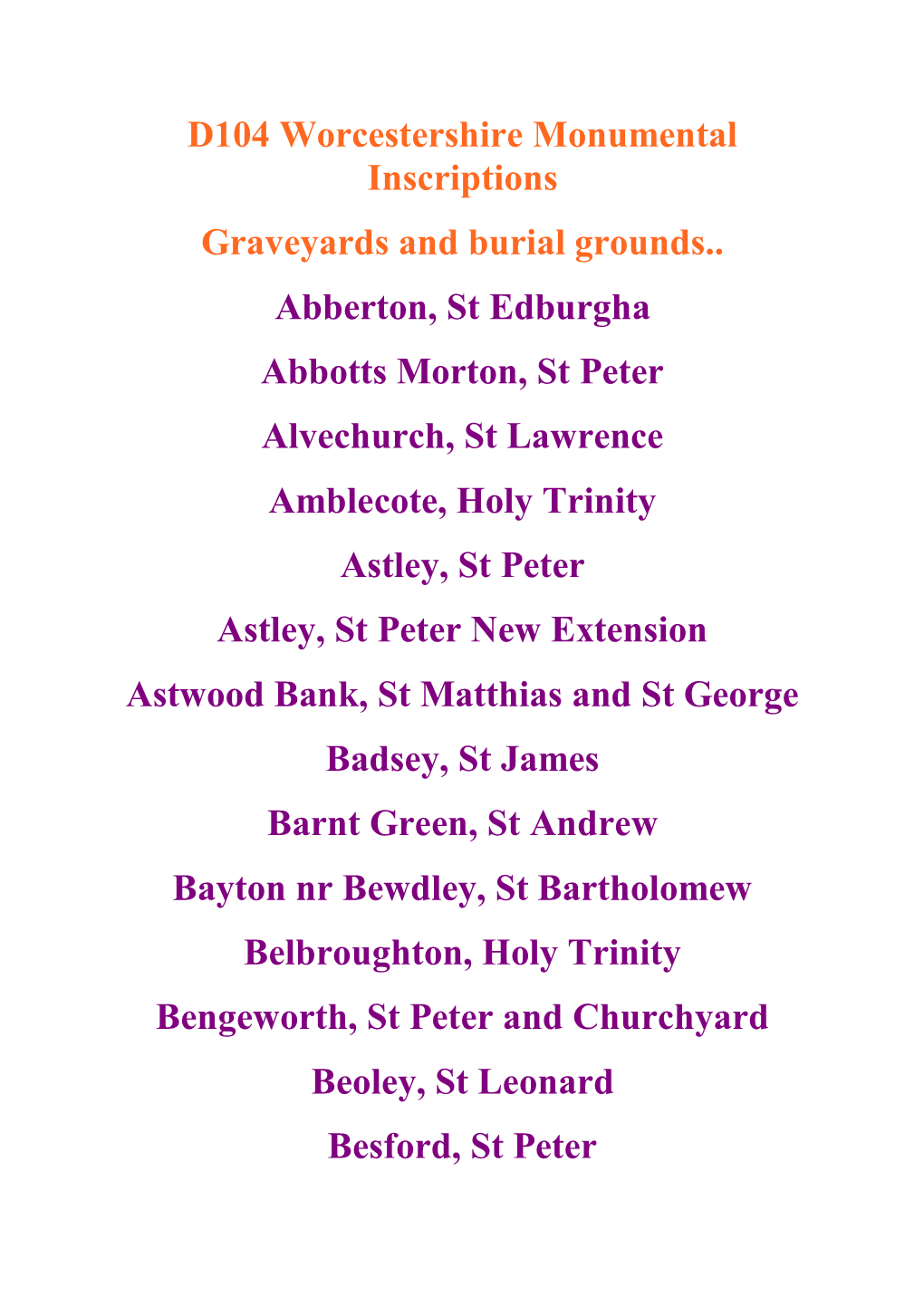 D104 Worcestershire Monumental Inscriptions Graveyards and Burial