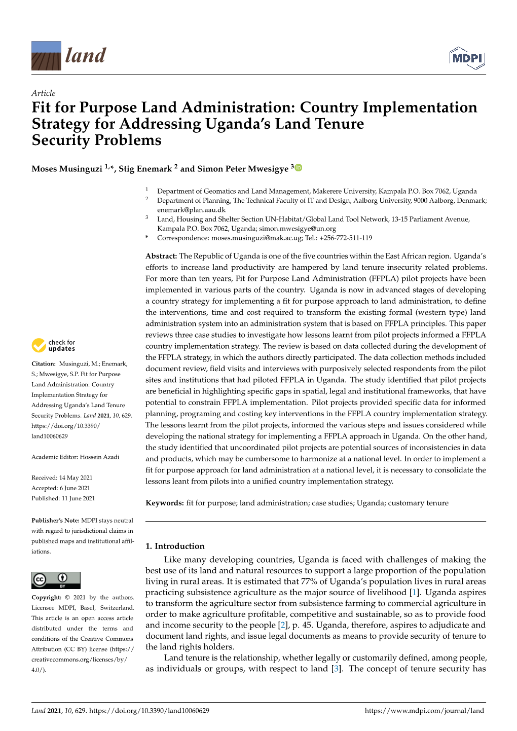 Fit for Purpose Land Administration: Country Implementation Strategy for Addressing Uganda’S Land Tenure Security Problems