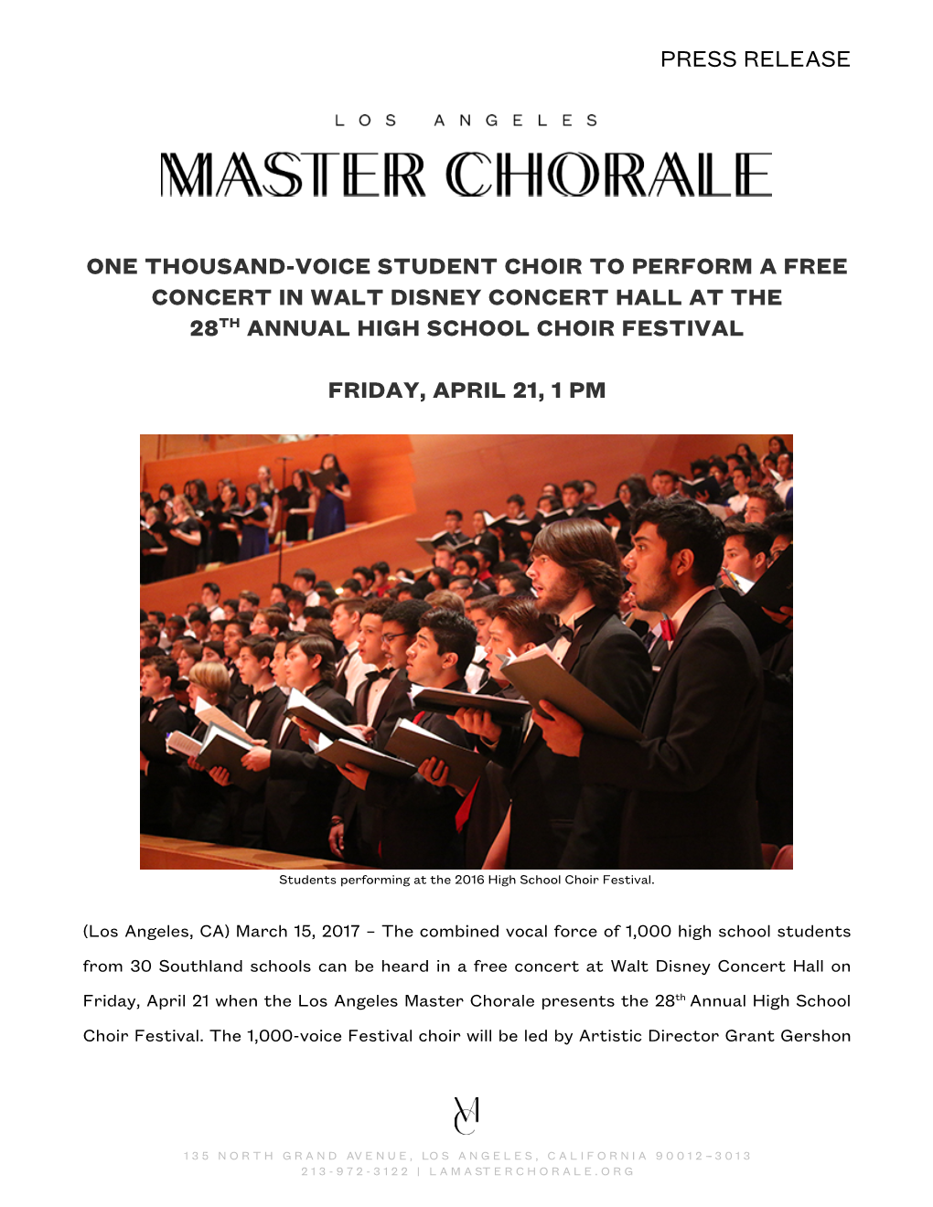 One Thousand-Voice Student Choir to Perform a Free Concert in Walt Disney Concert Hall at the 28Th Annual High School Choir Festival