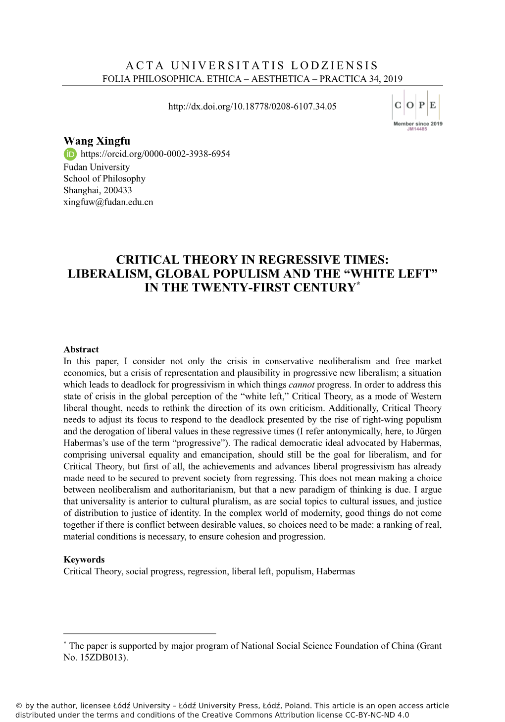 Critical Theory in Regressive Times: Liberalism, Global Populism and the “White Left” in the Twenty-First Century*