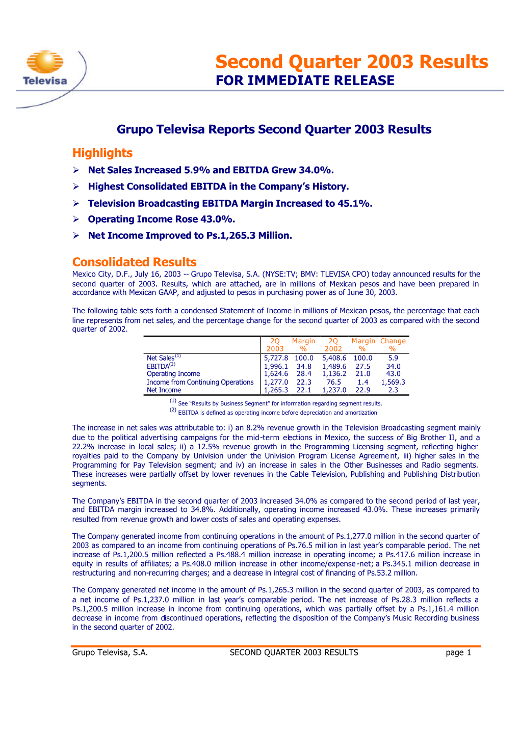 Second Quarter 2003 Results for IMMEDIATE RELEASE