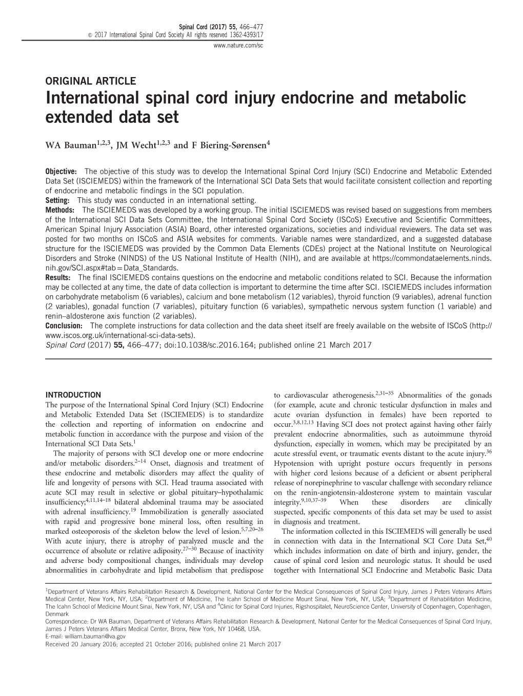 International Spinal Cord Injury Endocrine and Metabolic Extended Data Set