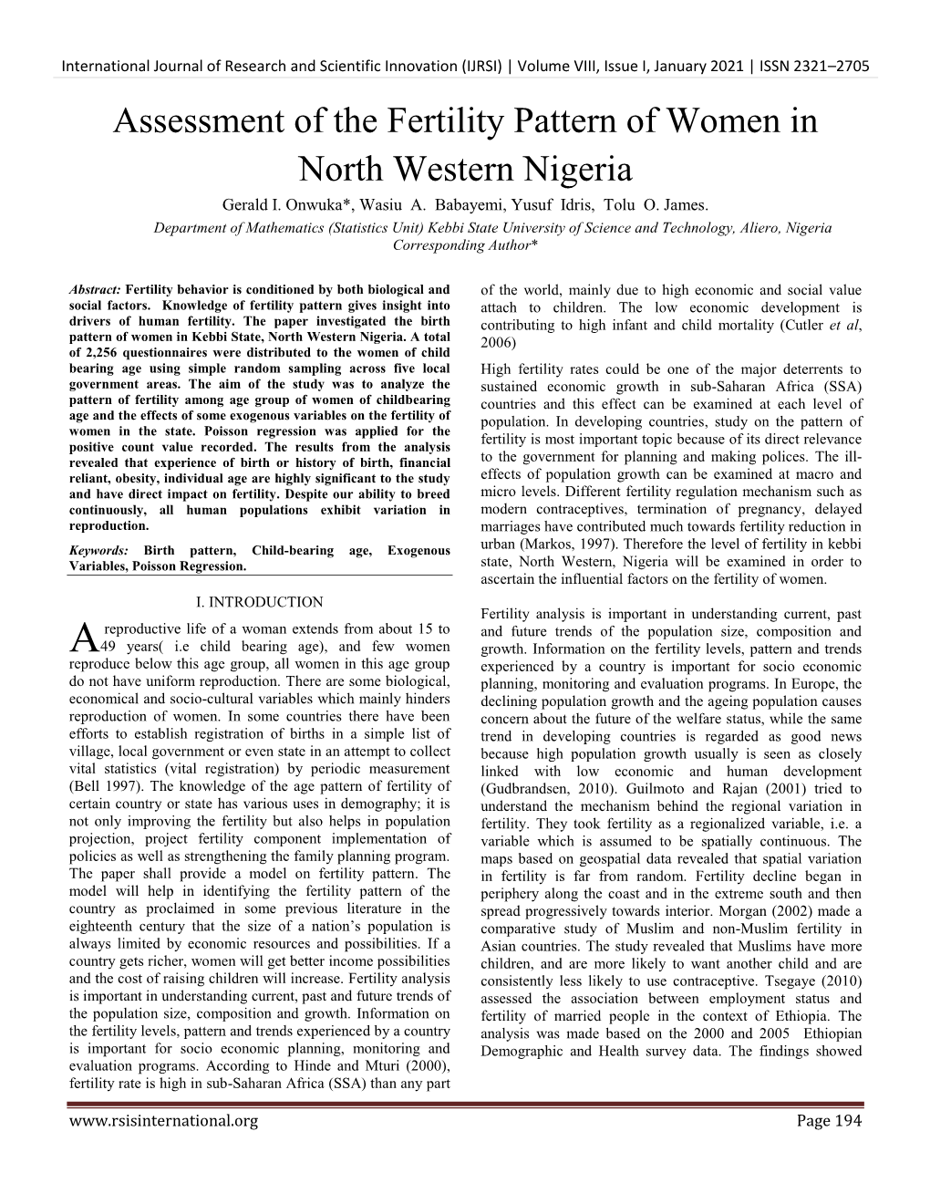 Assessment of the Fertility Pattern of Women in North Western Nigeria Gerald I