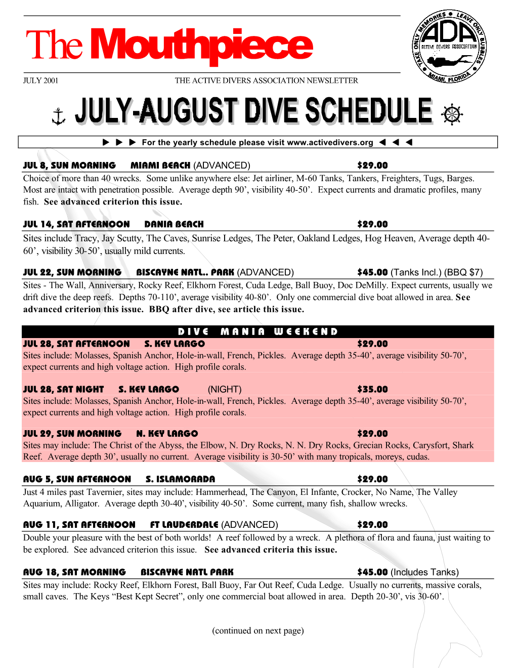 The Mouthpiece JULY 2001 the ACTIVE DIVERS ASSOCIATION NEWSLETTER
