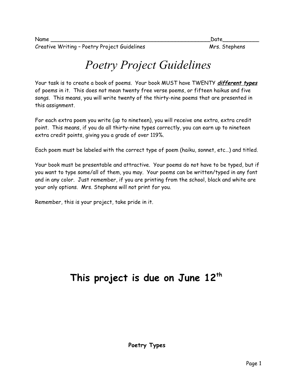 Creative Writing Poetry Project Guidelines Mrs. Stephens