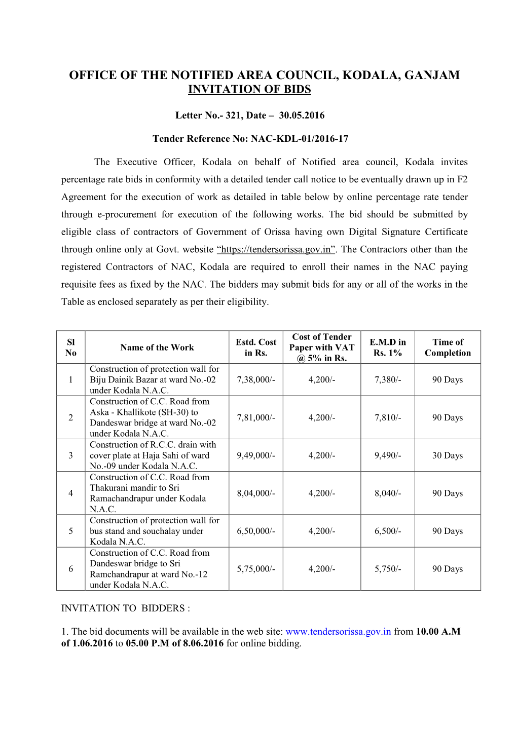 Office of the Notified Area Council, Kodala, Ganjam Invitation of Bids