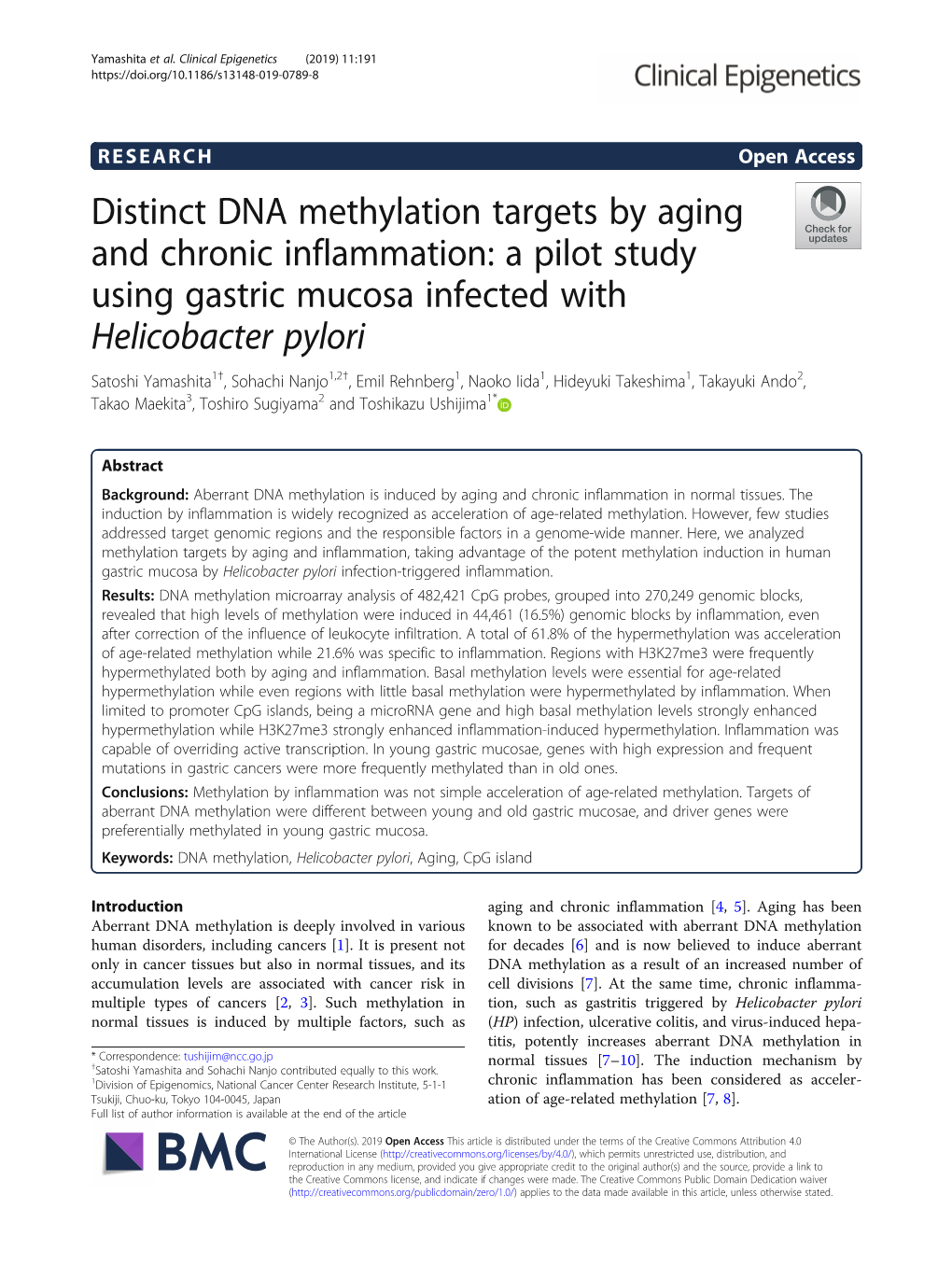 Distinct DNA Methylation Targets by Aging and Chronic Inflammation: a Pilot Study Using Gastric Mucosa Infected with Helicobacte