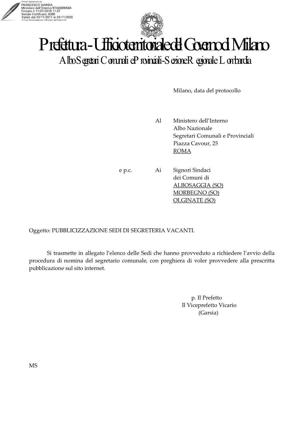 Prefettura - Ufficio Territoriale Del Governo Di Milano Albo Segretari Comunali E Provinciali - Sezione Regionale Lombardia