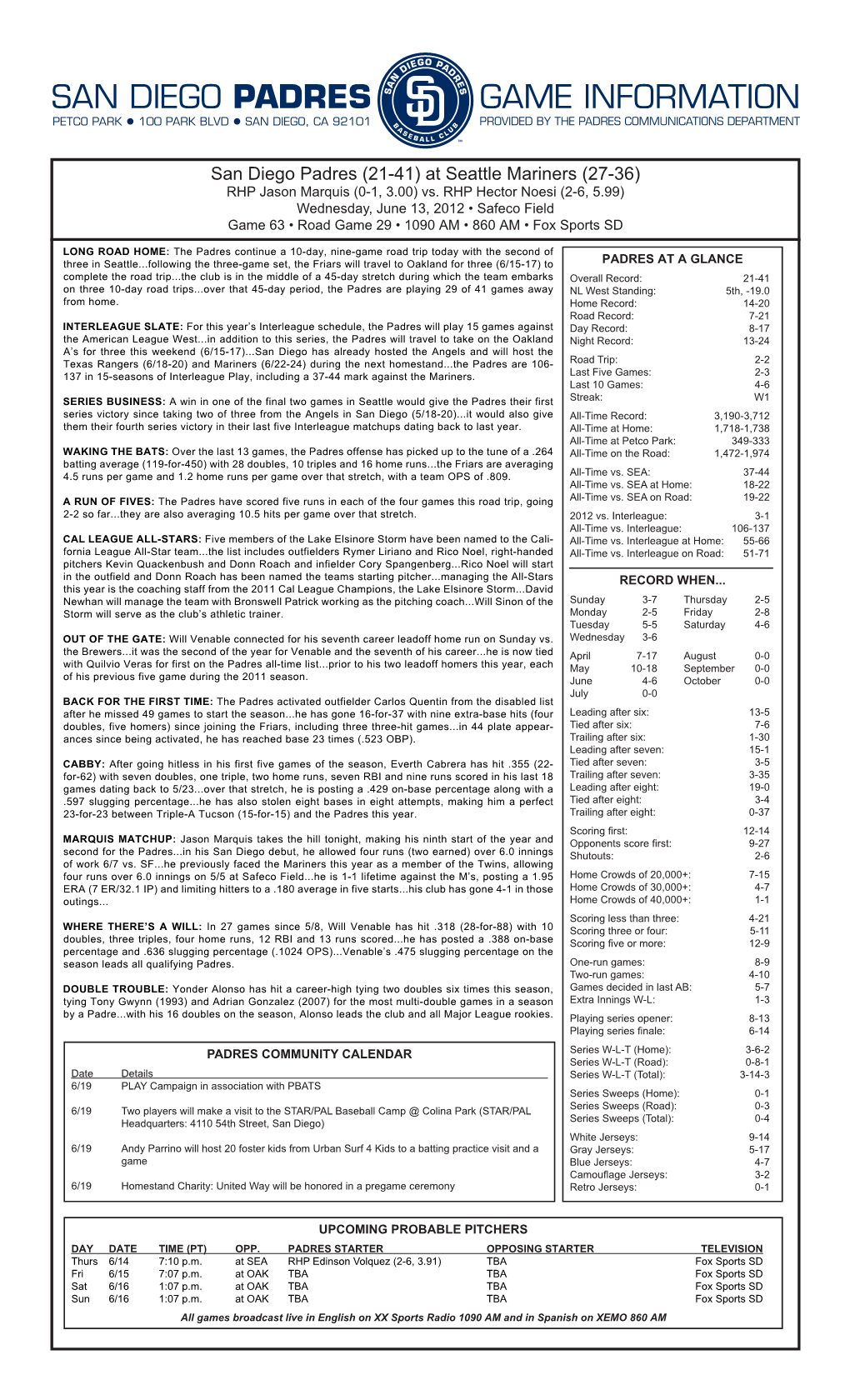 Game Information San Diego Padres